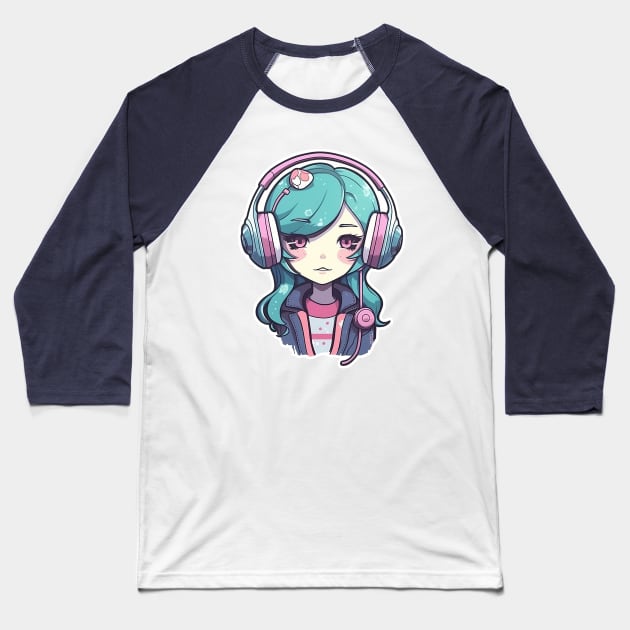 Cute headphone anime girl Baseball T-Shirt by AestheticsArt81